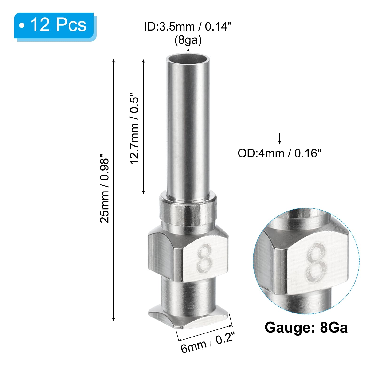 PATIKIL 8Ga x 0.5 Inch Stainless Steel Dispensing Needle Tips, 12Pcs Metal Glue Needle Tube Blunt Tips Luer Lock for Thick Glue Ink Lab, Silver