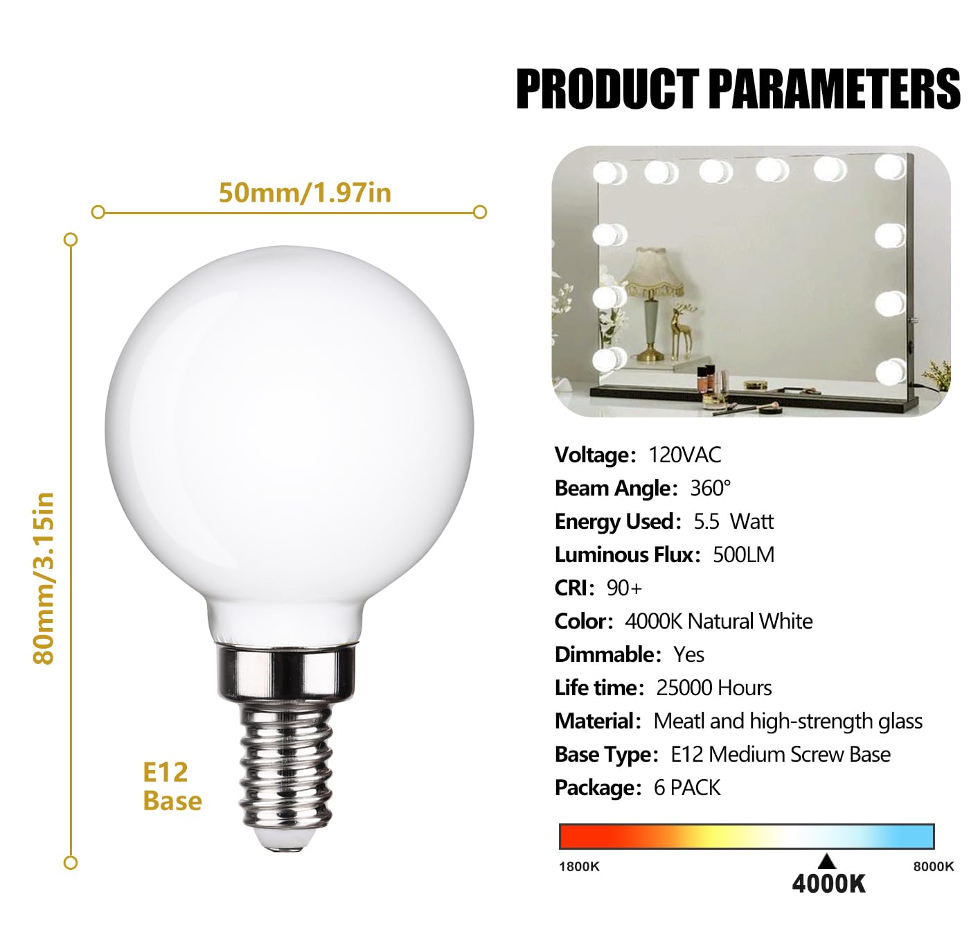 RuiAoTD G16.5(G50) Globe Light Bulbs, 5.5W Equal 60W Light Bulb, Neutral White 4000K, Chandelier Light Bulbs Candelabra E12 Base for Ceiling Fan Lights, 500LM, Dimmable, Milky Glass, 6 Pack