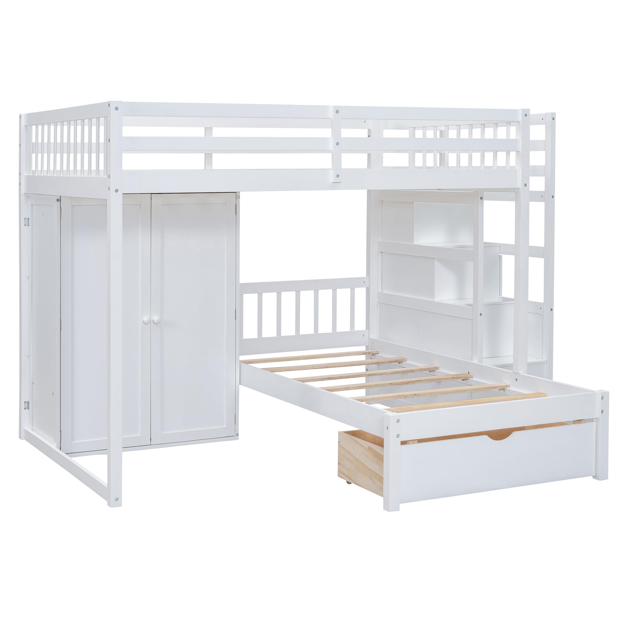 Harper & Bright Designs Full Over Twin Bunk Bed with Stairs & Wardrobe, Wood Bunk Bed with Storage Drawers, Kids Bunk Bed Full Over Twin Size for Bedroom,No Box Spring Needed(White)