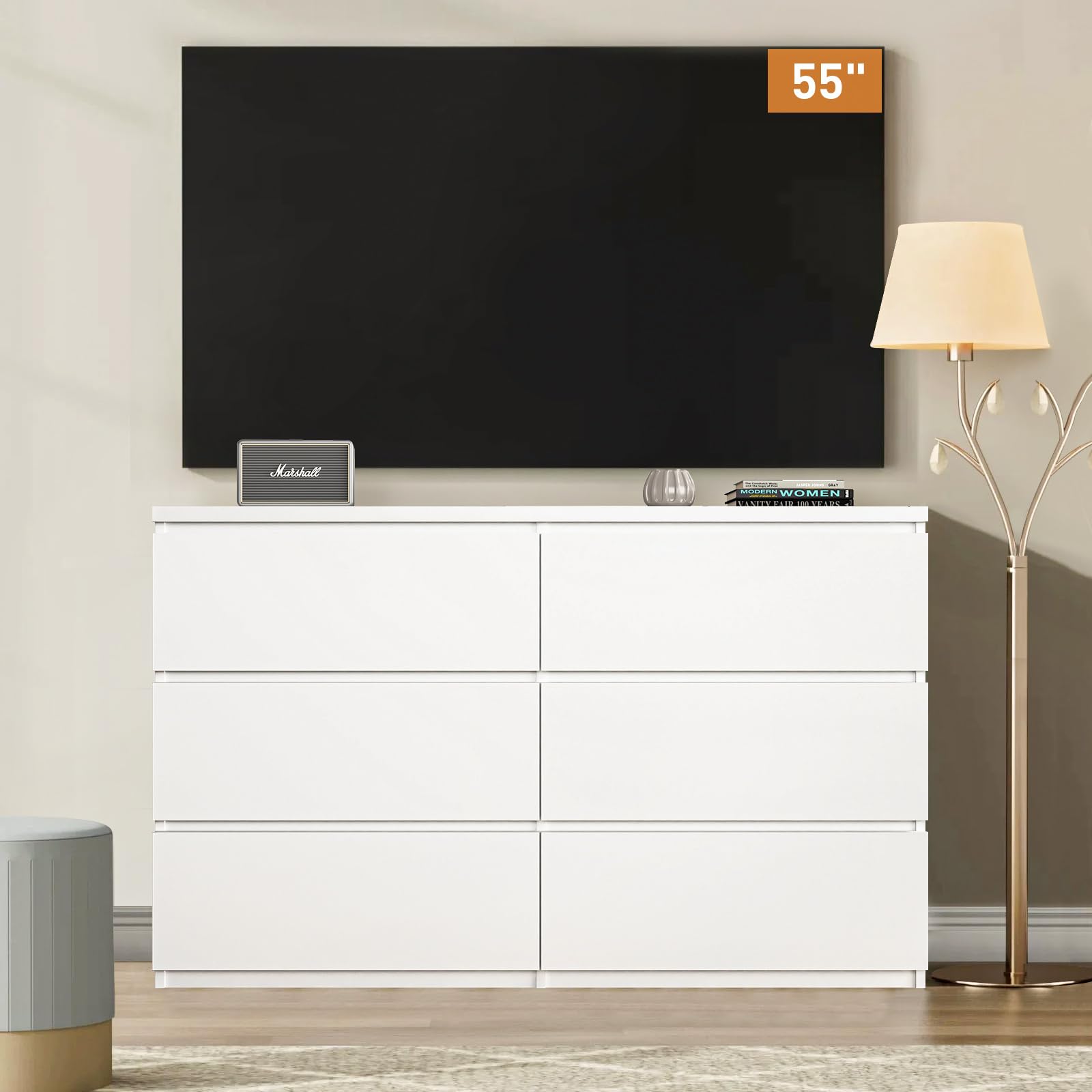 UZUGUL White Dresser for Bedroom, 48'' Modern 6 Drawer Dresser with Deep Drawer,Storage Chest of Drawer, Wood Dresser,Bedroom Dresser Furniture,TV Dresser for Living Room