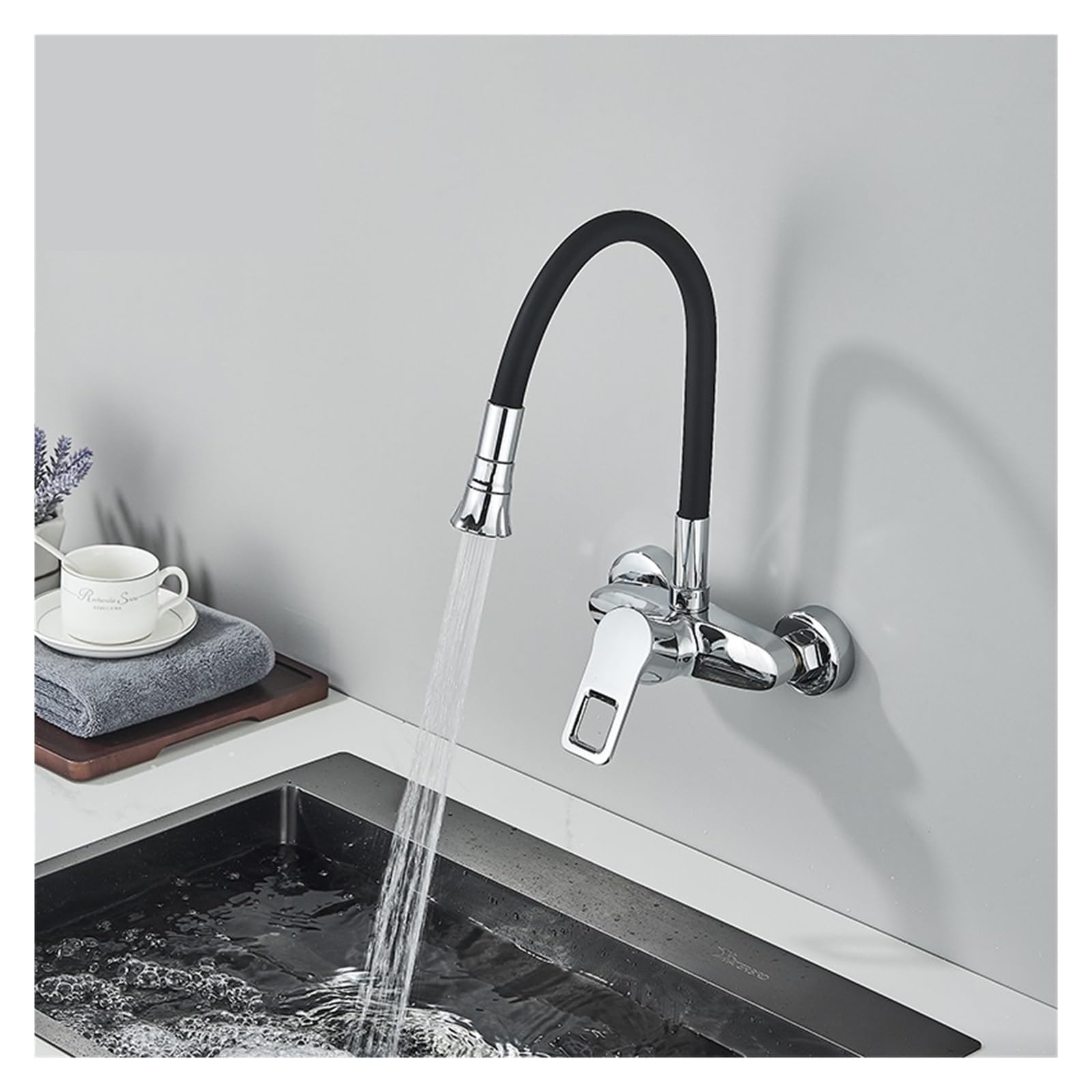 LHXEQJAM Chrome Kitchen Sink Black Hose Multi-Mode Spout Wall Mount Hot and Cold Mixer Faucet (Color : Matte Black)