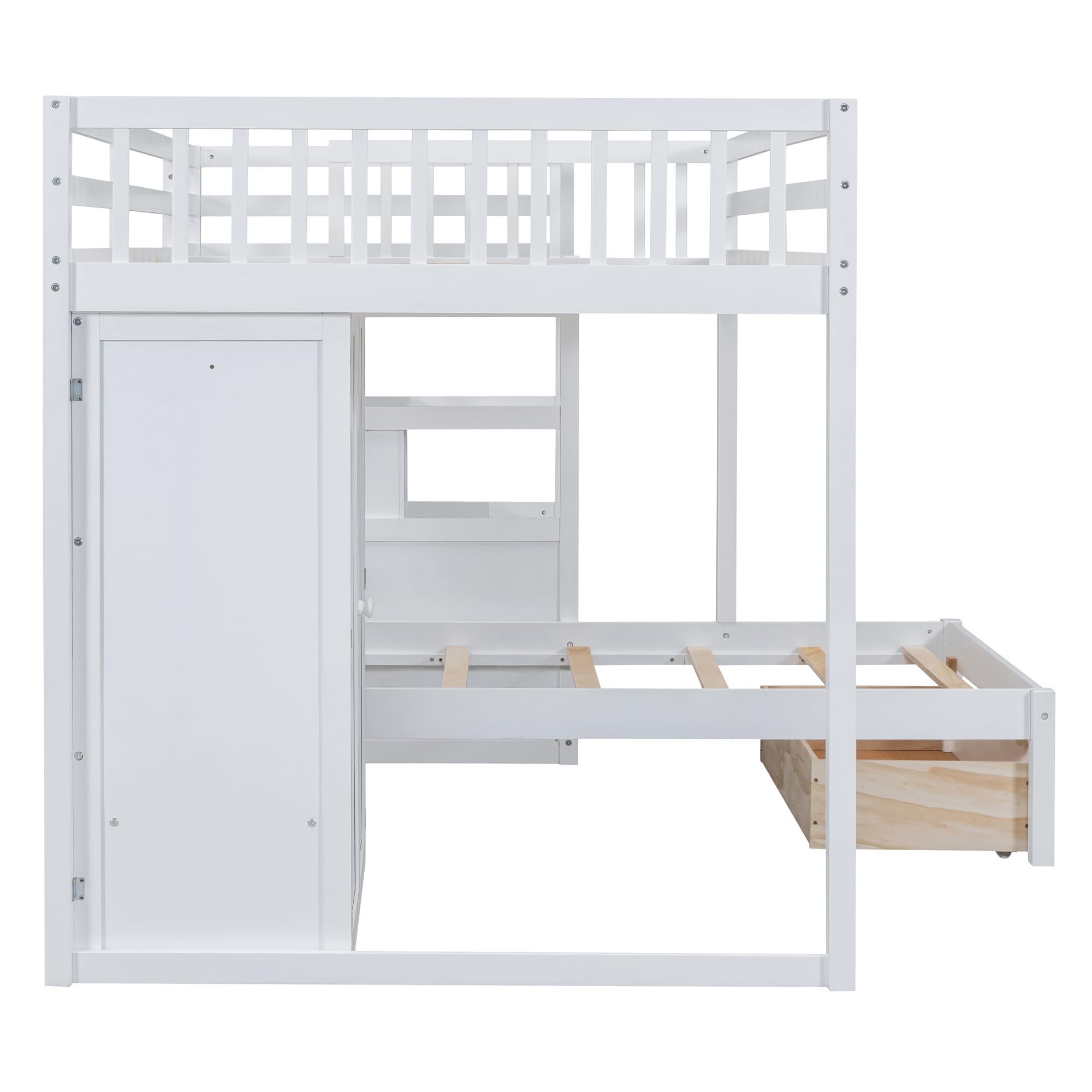 Harper & Bright Designs Full Over Twin Bunk Bed with Stairs & Wardrobe, Wood Bunk Bed with Storage Drawers, Kids Bunk Bed Full Over Twin Size for Bedroom,No Box Spring Needed(White)