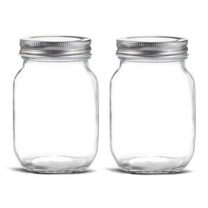 Glass Regular Mouth Mason Jars, 16 oz Clear Glass Jars with Silver Metal Lids for Sealing, Canning Jars for Food Storage, Overnight Oats, Dry Food, Snacks, Candies, DIY Projects (2 PACK)