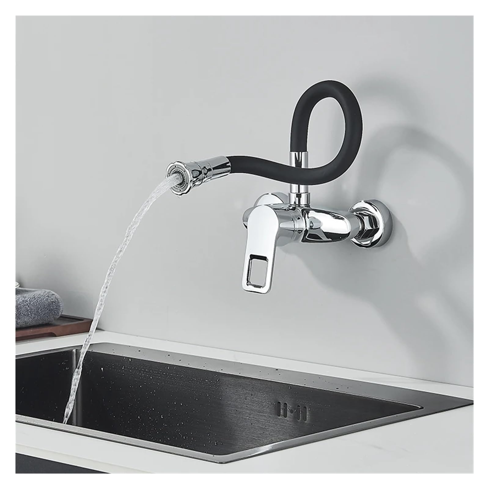 LHXEQJAM Chrome Kitchen Sink Black Hose Multi-Mode Spout Wall Mount Hot and Cold Mixer Faucet (Color : Matte Black)