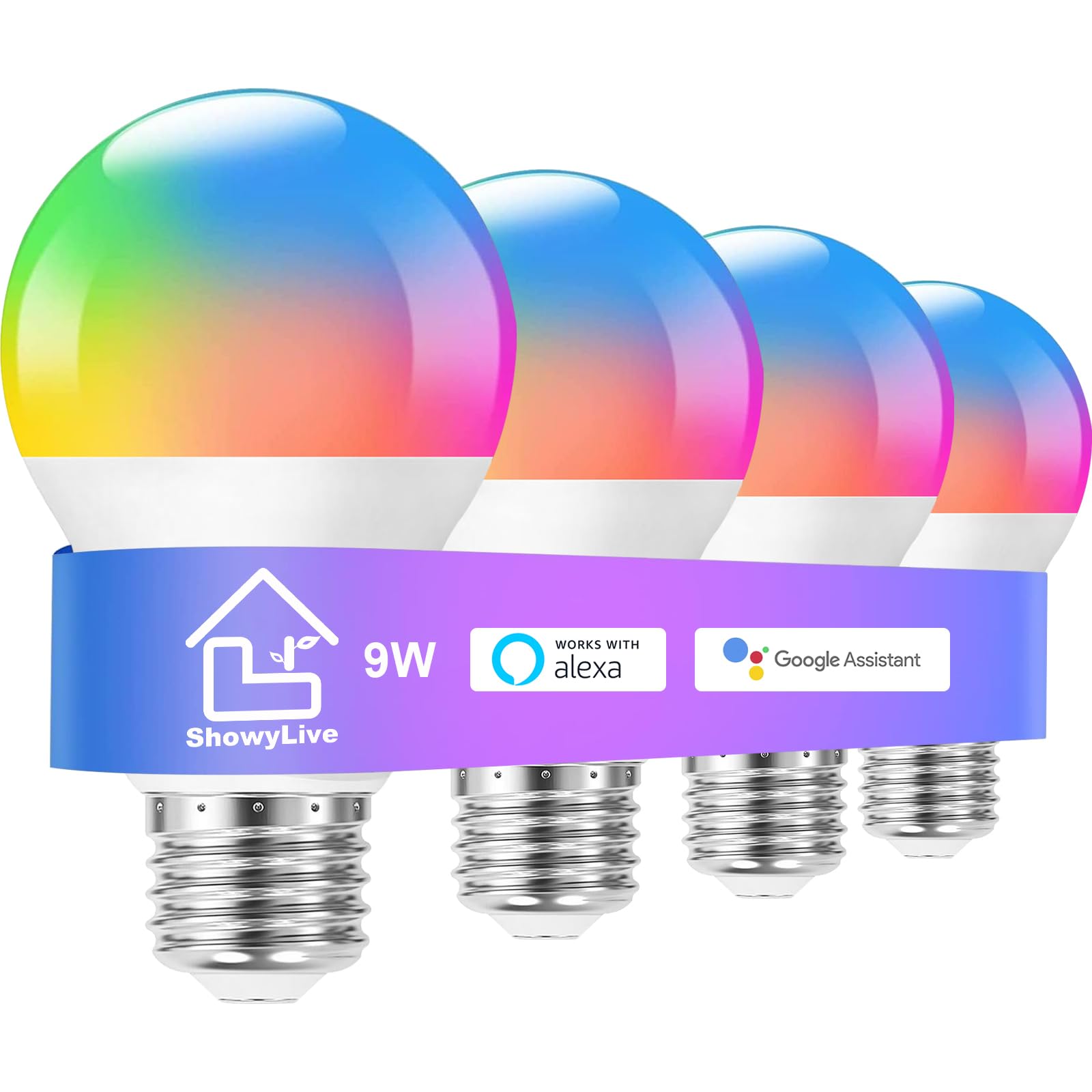 ShowyLive Smart Light Bulb 4 PK, WiFi & Bluetooth 5.0 Smart Bulbs That Work with Alexa & Google Assistant, A19 RGB, Music Sync, 9W 850LM CRI>80