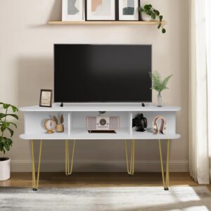 Corner TV Stand with 3 Open Divided Storage, Corner TV Console with Metal Feet and Anti-Slip Pads, Corner Entertainment Stand with Cable Hole, White