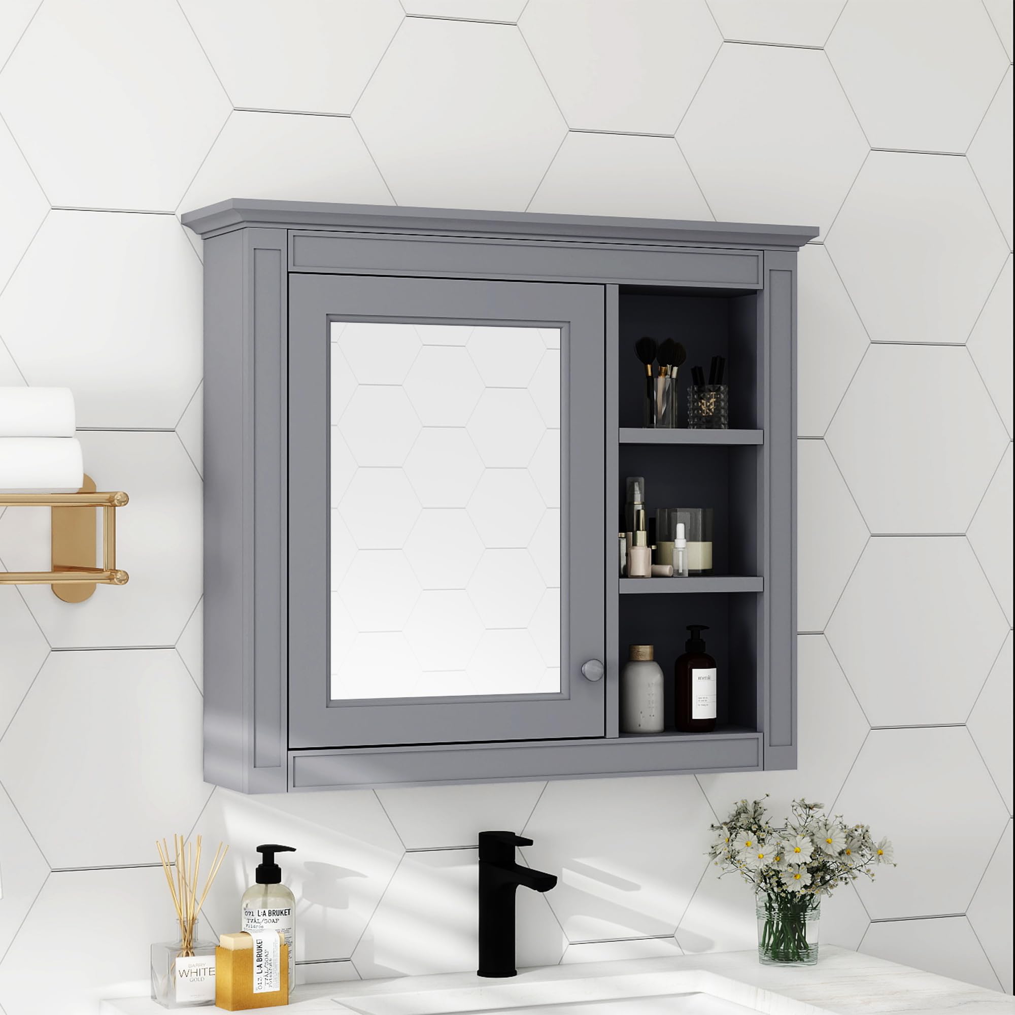 Merax Bathroom Medicine Cabinet with Mirror, Wall Mounted Bathroom Storage Cabinet with Mirror Door & 3 Adjustable Opening Shelf, Over The Toilet Space Saver Storage Cabinet