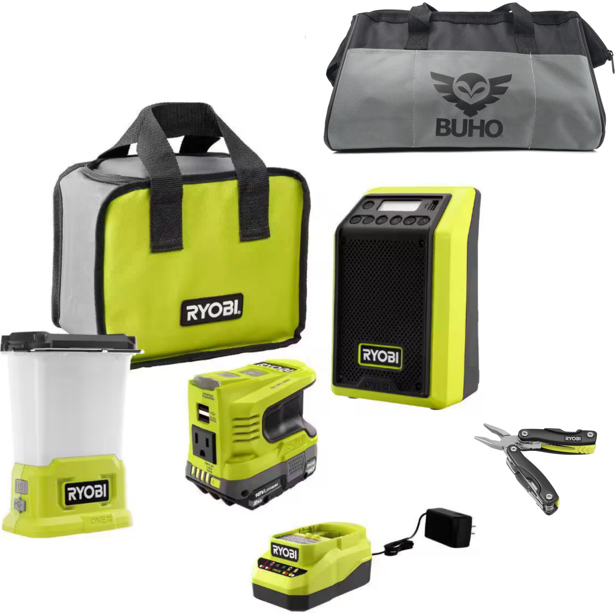 Buho Cordless 4-Tool Storm Ready Accessory Bundle - Ryobi Bluetooth Radio Area Light Power Inverter Multi Tool 2.0 Ah Battery 18 Volt Charger Tool Bag