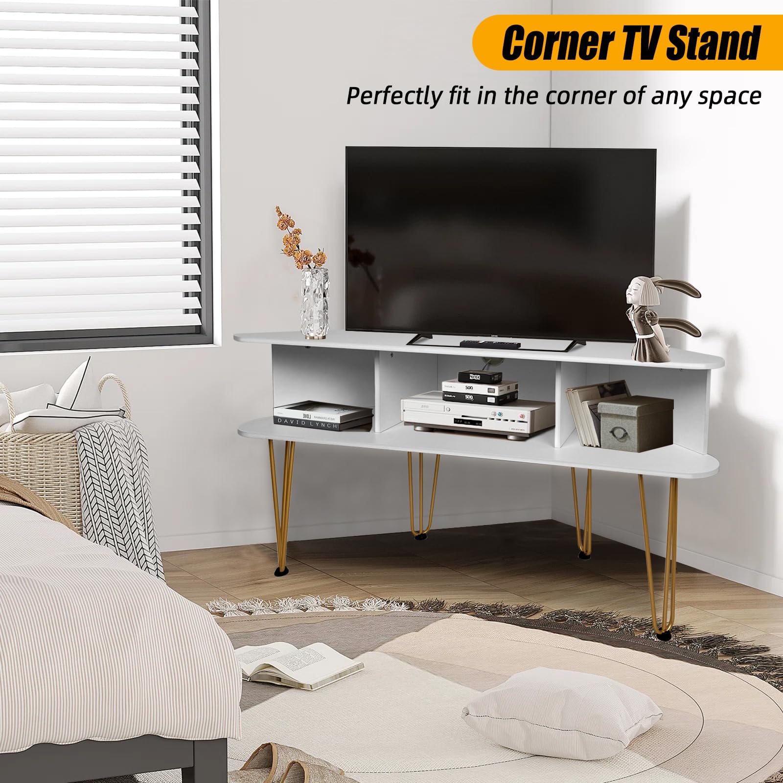 Corner TV Stand with 3 Open Divided Storage, Corner TV Console with Metal Feet and Anti-Slip Pads, Corner Entertainment Stand with Cable Hole, White