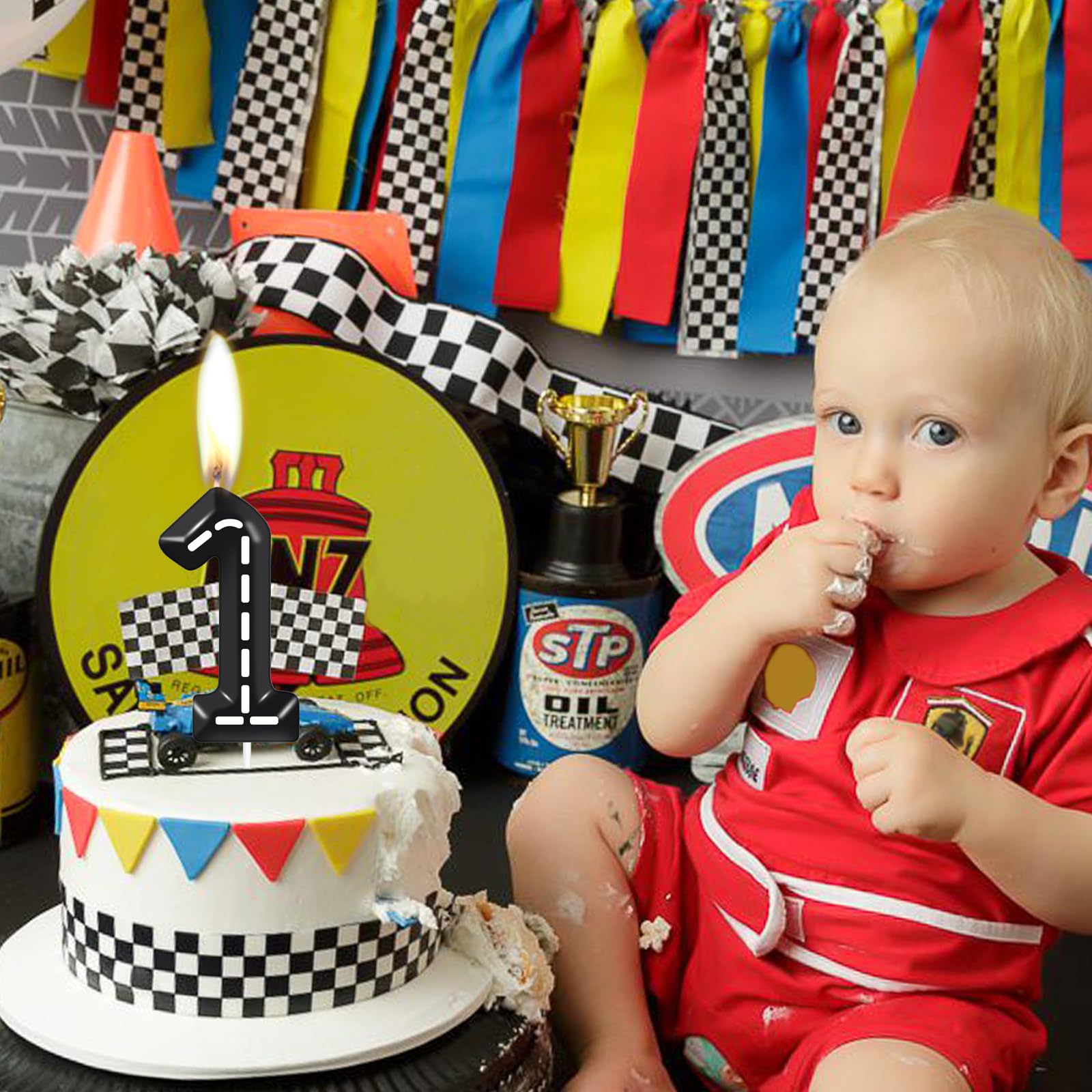 ZHIHUI Birthday Candle Racing Cars Themed Birthday Party Decoration, Black and White Line Happy Birthday Cake Candle, Boys Girls Kids Birthday Cake Topper Reunions Theme Party Supplies (Number 4)