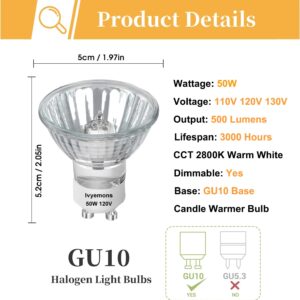 Ivyemons GU10+C 120V 50W Bulb - High Output 500LM GU10 Dimmable Bulb, MR16 GU10 Base Bulbs Warm White GU10 Halogen 50W Bulbs, Long Lasting 50 Watt GU10 Bulbs for Candle Warmer, Track Lighting