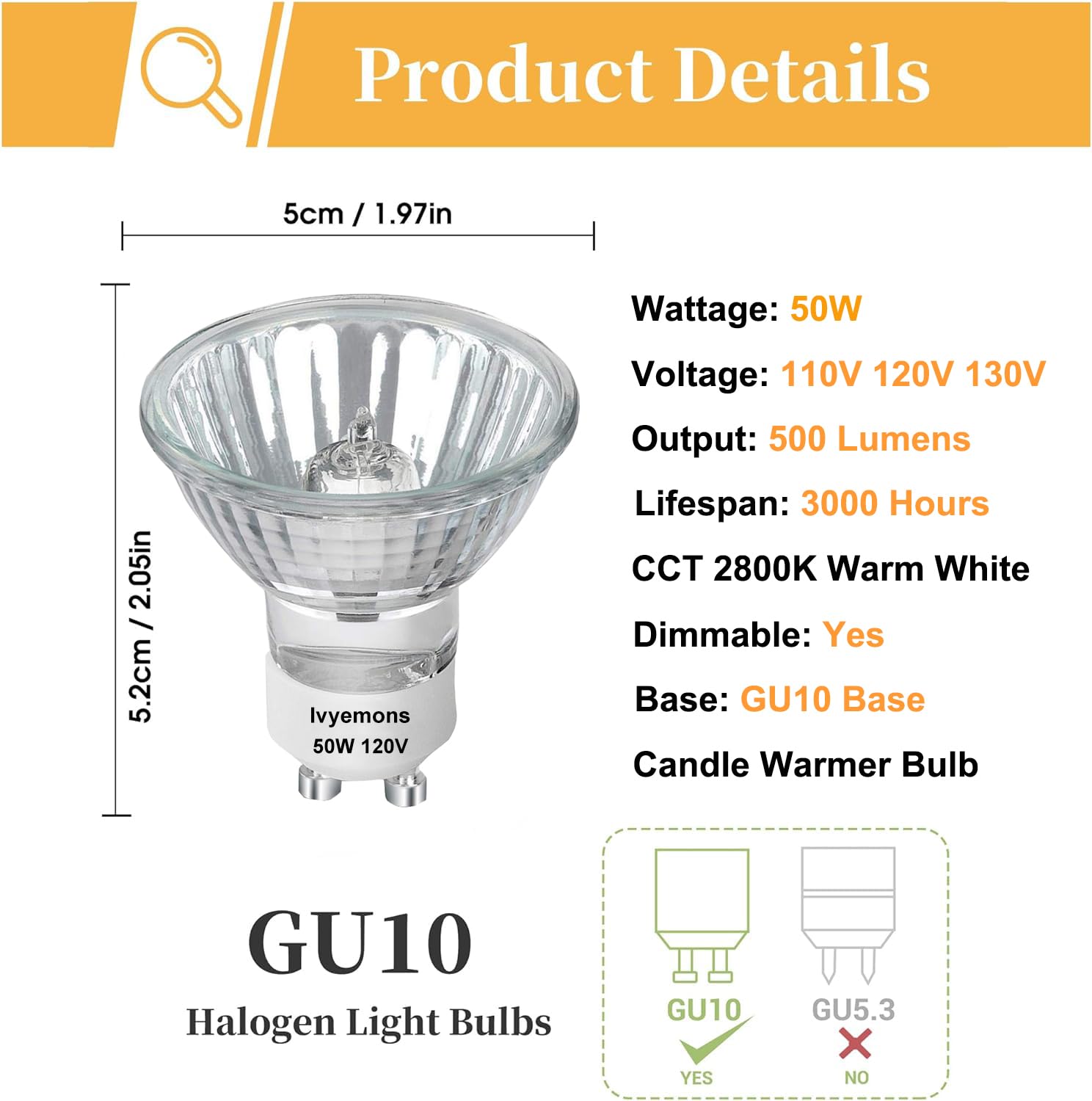 Ivyemons GU10+C 120V 50W Bulb - High Output 500LM GU10 Dimmable Bulb, MR16 GU10 Base Bulbs Warm White GU10 Halogen 50W Bulbs, Long Lasting 50 Watt GU10 Bulbs for Candle Warmer, Track Lighting