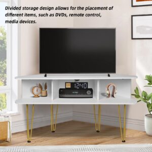 Corner TV Stand with 3 Open Divided Storage, Corner TV Console with Metal Feet and Anti-Slip Pads, Corner Entertainment Stand with Cable Hole, White