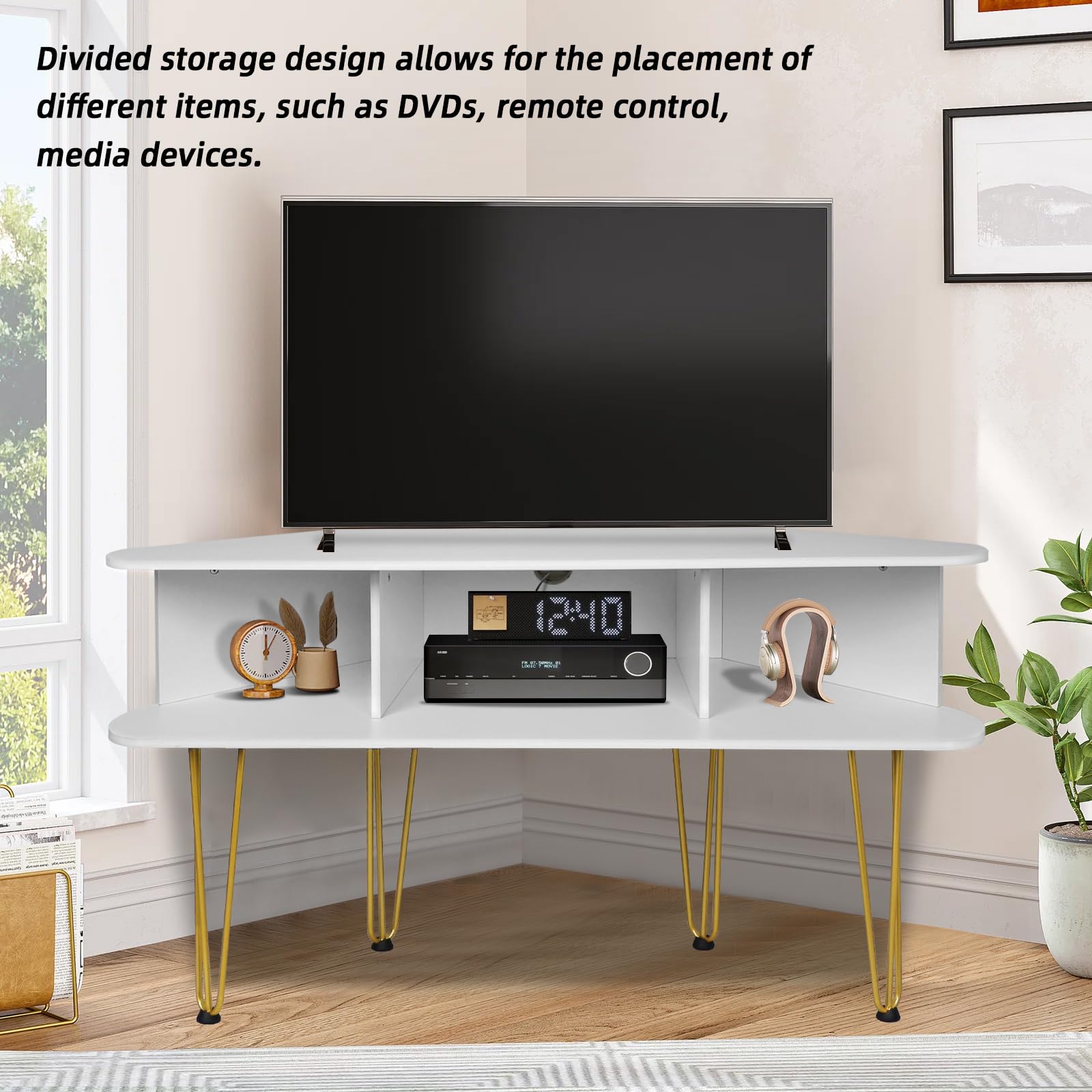 Corner TV Stand with 3 Open Divided Storage, Corner TV Console with Metal Feet and Anti-Slip Pads, Corner Entertainment Stand with Cable Hole, White