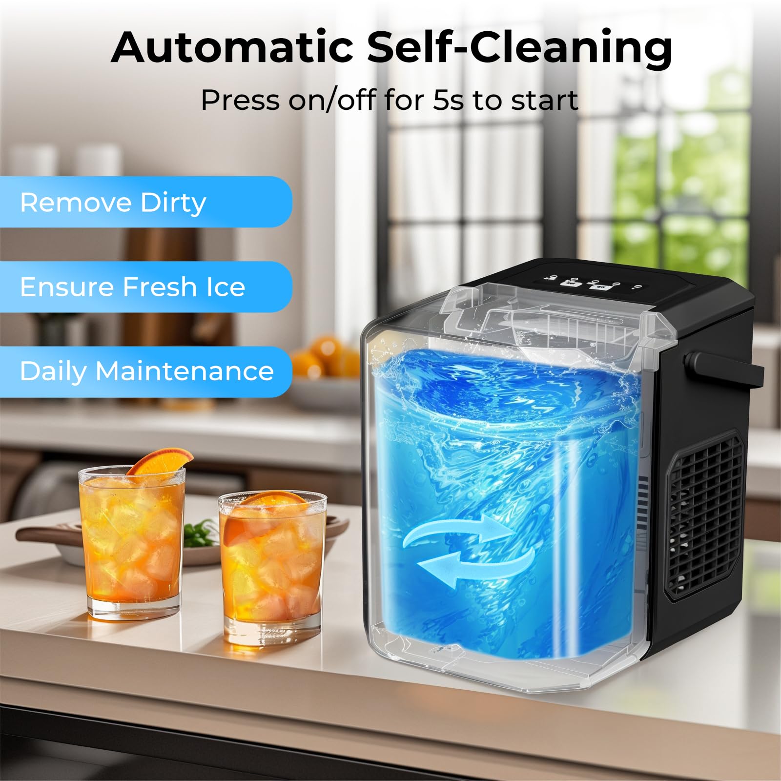 FREE VILLAGE Countertop Ice Maker, 6 Mins/9 Pcs Ice, 26 lbs Ice/24Hrs, Self-Cleaning Ice Machine with Ice Bags, Scoop, and Basket, Portable Ice Maker for Home/Kitchen/Office/Party, Black