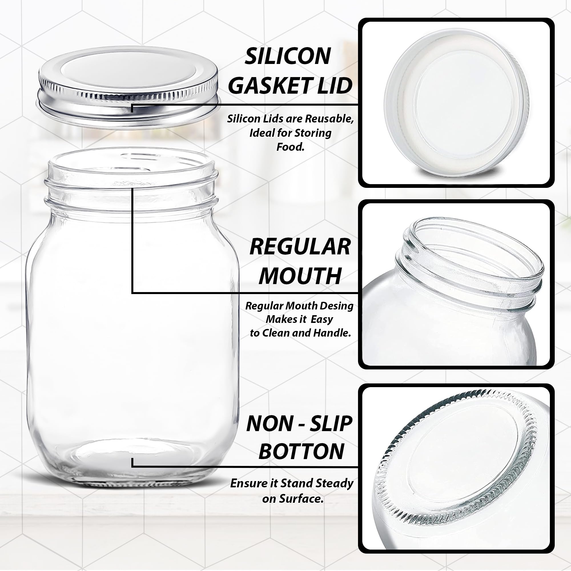 Glass Regular Mouth Mason Jars, 16 oz Clear Glass Jars with Silver Metal Lids for Sealing, Canning Jars for Food Storage, Overnight Oats, Dry Food, Snacks, Candies, DIY Projects (2 PACK)