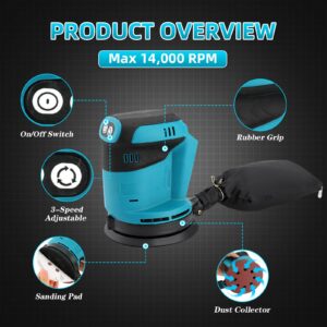 Random Orbit Sander for Makita 18V Battery, 5-Inch 14000RPM Cordless Electric Orbital Sander with 3 Various Speeds, Palm Sander with 3 Pcs Sandpapers & Dust Bag, Perfect for Woodworking(Tool Only)