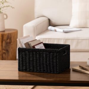 joybest Black Wicker Storage Baskets, Rectangular Wicker Baskets with Built-in Handles,Paper Rope Baskets for Organizing 2 Pack, 13.4L x 8.3W x 7.1H