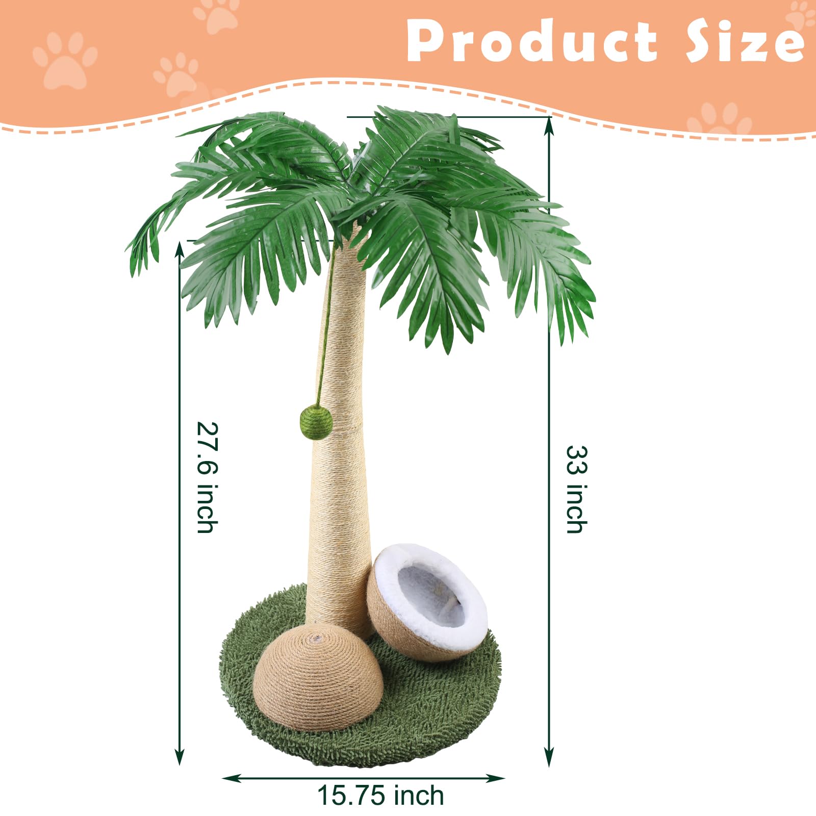 DOICAH Cat Scratching Post, 27" Tall Scratch Tree Coconut Palm with Premium Sisal Rope, Simulated Leaves and Coconut cat Scratching Ball,Toys for Indoor Kittens and Cats (Cat Scratching Ball)