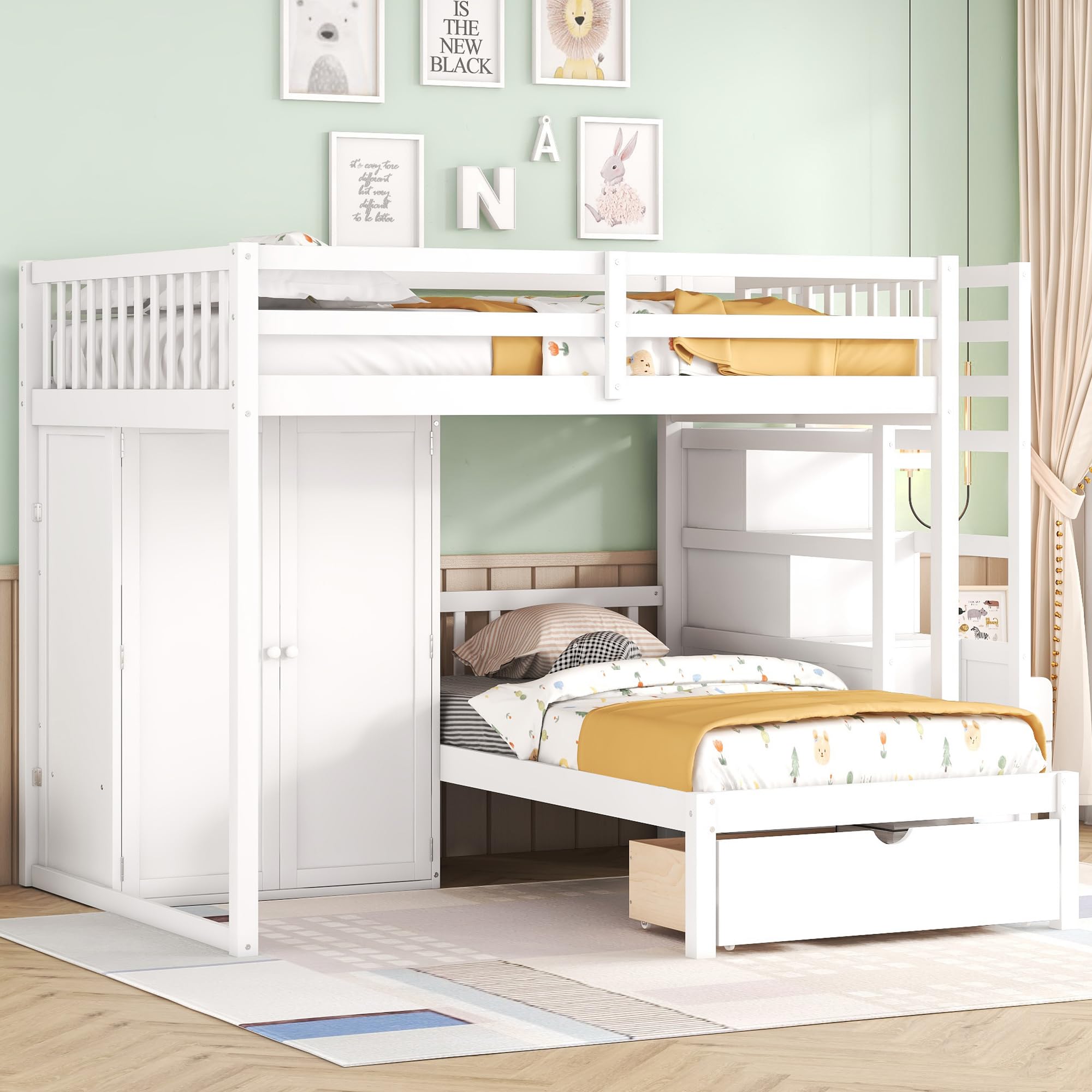 Harper & Bright Designs Full Over Twin Bunk Bed with Stairs & Wardrobe, Wood Bunk Bed with Storage Drawers, Kids Bunk Bed Full Over Twin Size for Bedroom,No Box Spring Needed(White)