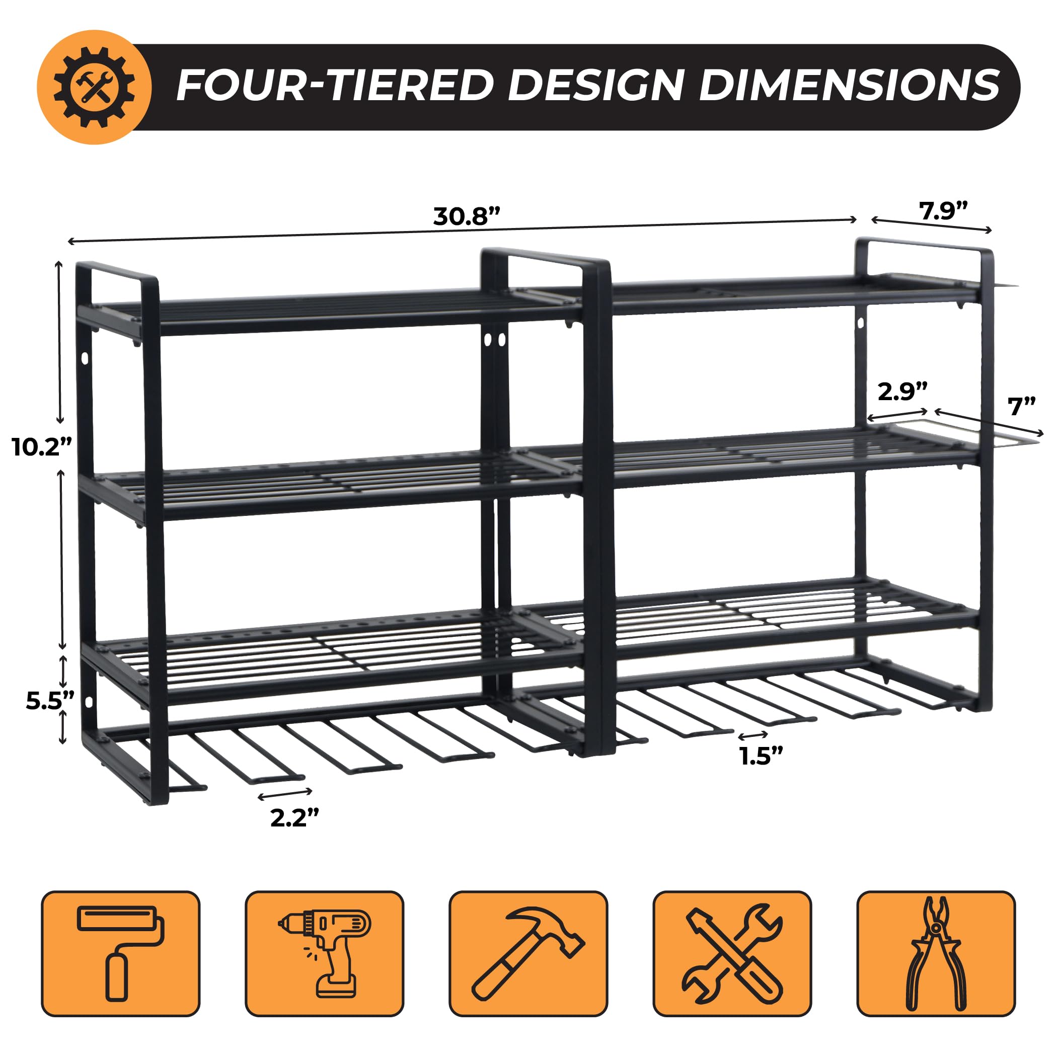 ROOFCO Power Tool Organizer, 8 Drill Holder Wall Mount and 4 Layers Storage Rack for Garage Organization, Shed, Workshop, Pegboard with Plier/Hammer Holder-Heavy Duty Carbon Steel-200 LBS Capacity