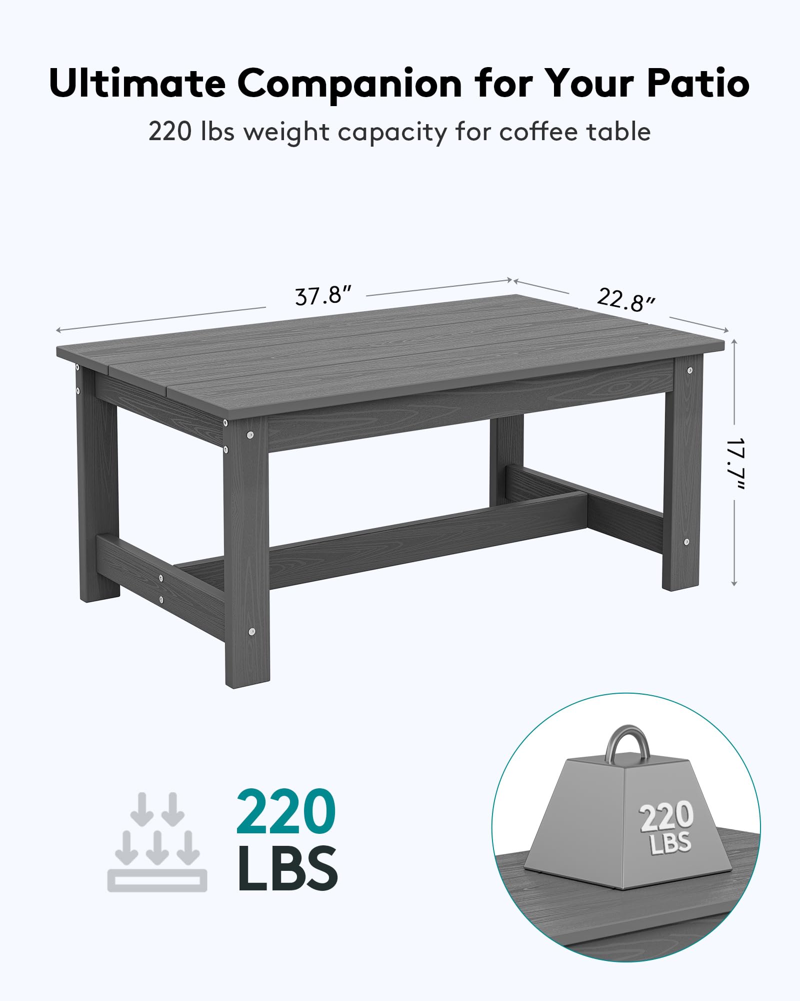 SERWALL HDPE Patio Coffee Table, Rectangle Outdoor Coffee Table, All-Weather Coffee Side Table for Balcony, Poolside, Deck, Garden, Gray