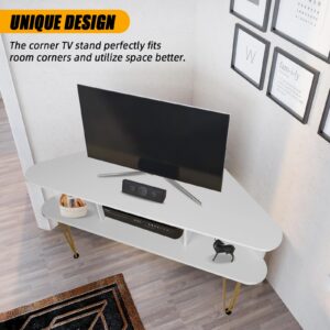 Corner TV Stand with 3 Open Divided Storage, Corner TV Console with Metal Feet and Anti-Slip Pads, Corner Entertainment Stand with Cable Hole, White