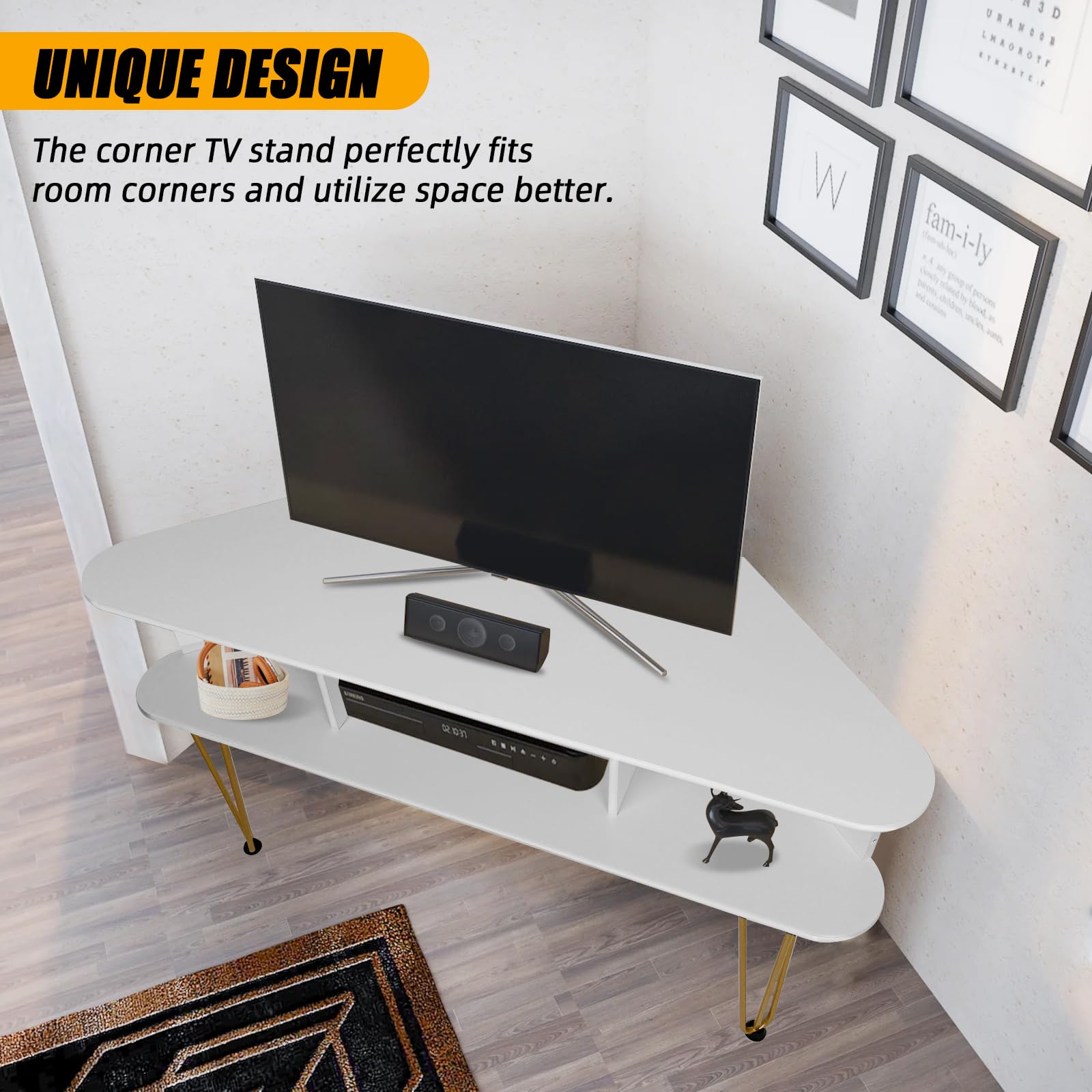 Corner TV Stand with 3 Open Divided Storage, Corner TV Console with Metal Feet and Anti-Slip Pads, Corner Entertainment Stand with Cable Hole, White