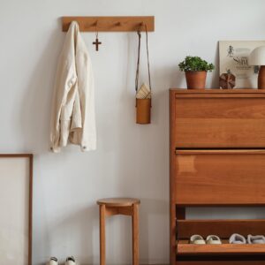 MU MO Cherry Wood Coat Hooks for Wall, Wooden Thick Coat Rack Wall Mount Long Coat Rack Board, 4 Solid Wood Hooks Wall Mount Rack for Entryway,Bedroom,Kitchen