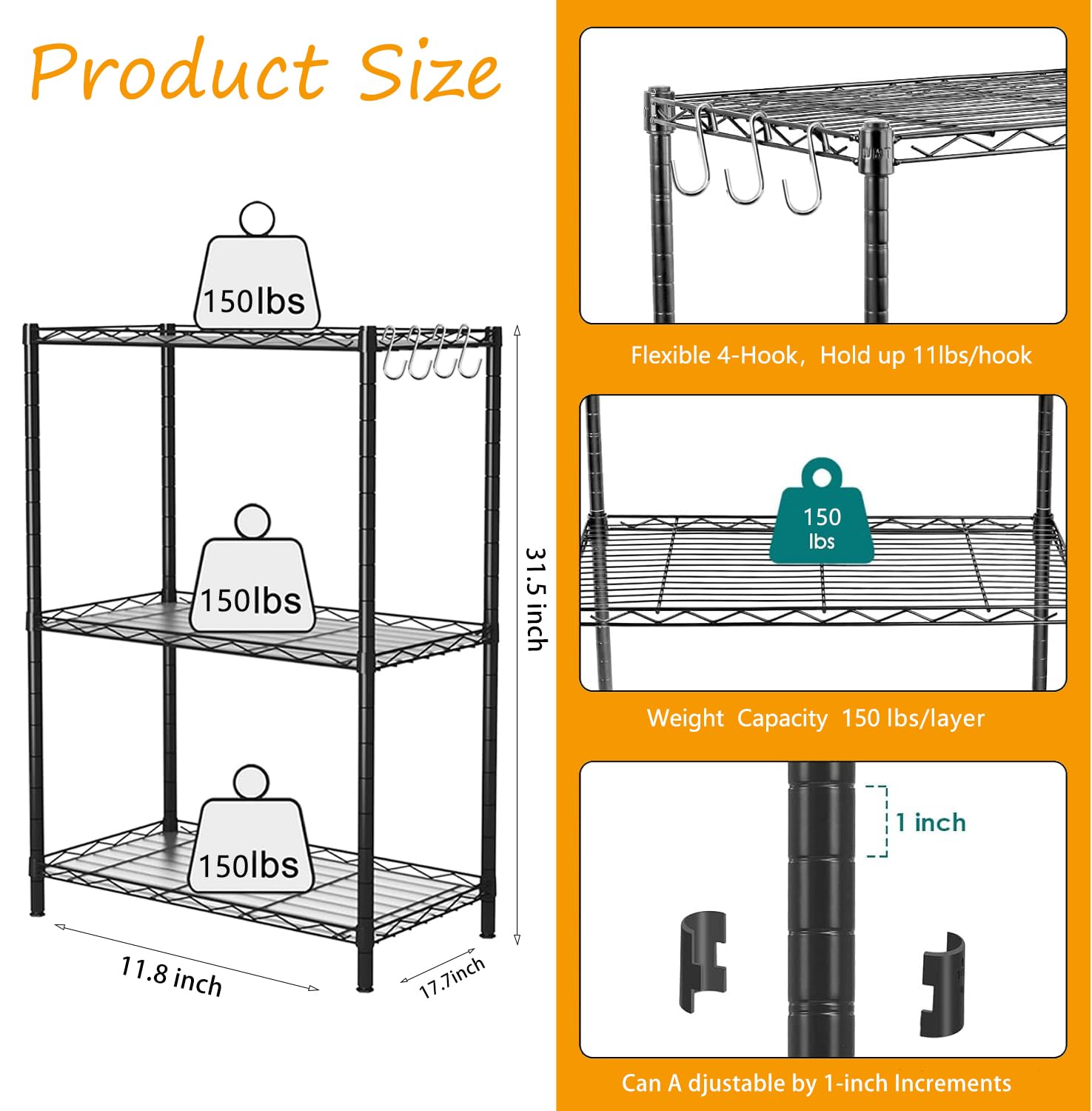 Yaliuliu 3 Tier Black Storage Racks and Shelving - Metal Steel Pantry Shelves - Adjustable Storage Shelf Metal Storage Organizer Wire Rack, Suitable for Kitchen, Bathroom, Bedroom,Closet