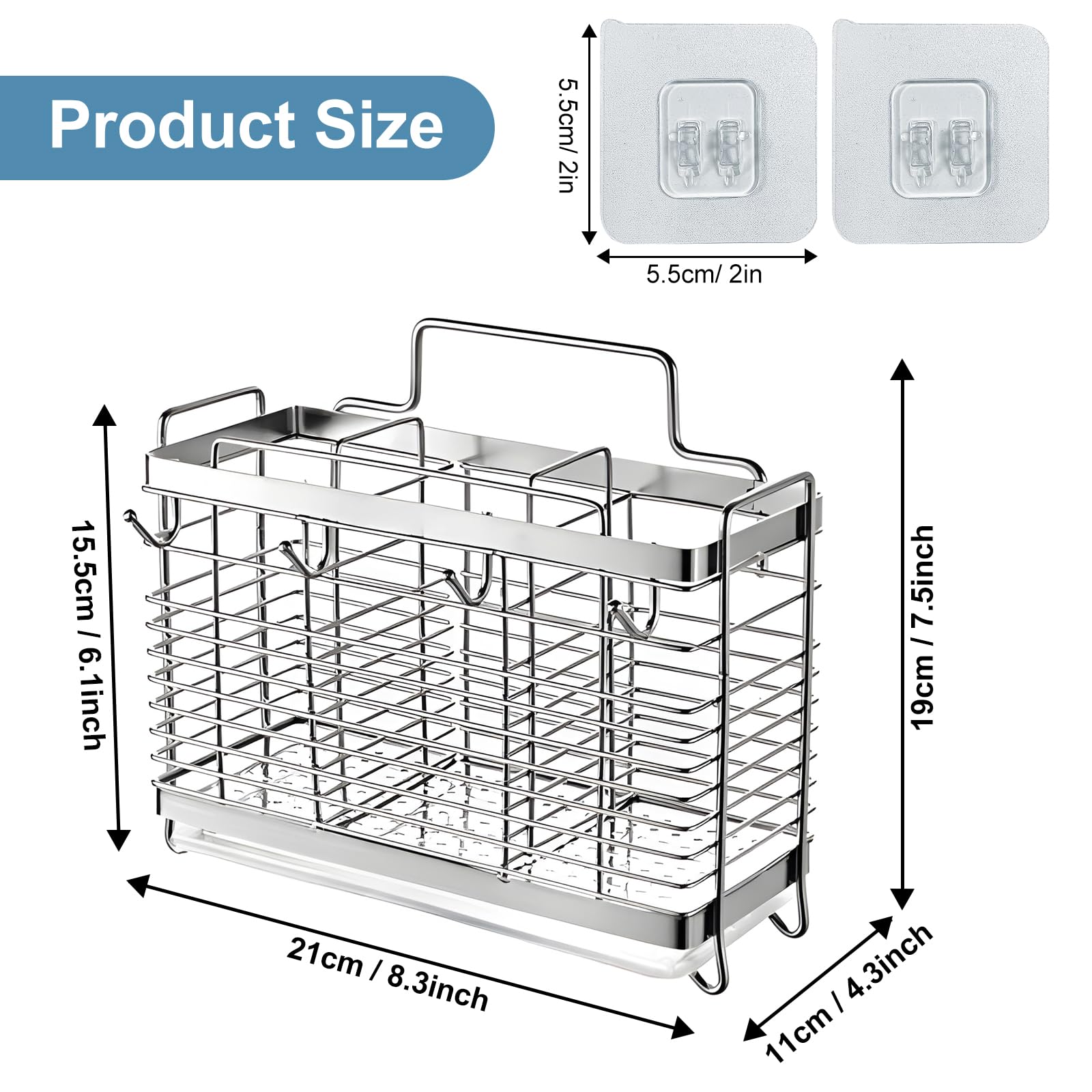 IWNTWY Utensil Holder, Stainless Steel Utensil Drying Rack with Drain Tray, Kitchen Counter Drainer Basket Silverware Cutlery Flatware Holder Forks, Knives, Spoons, Chopsticks Organizer (Silver)