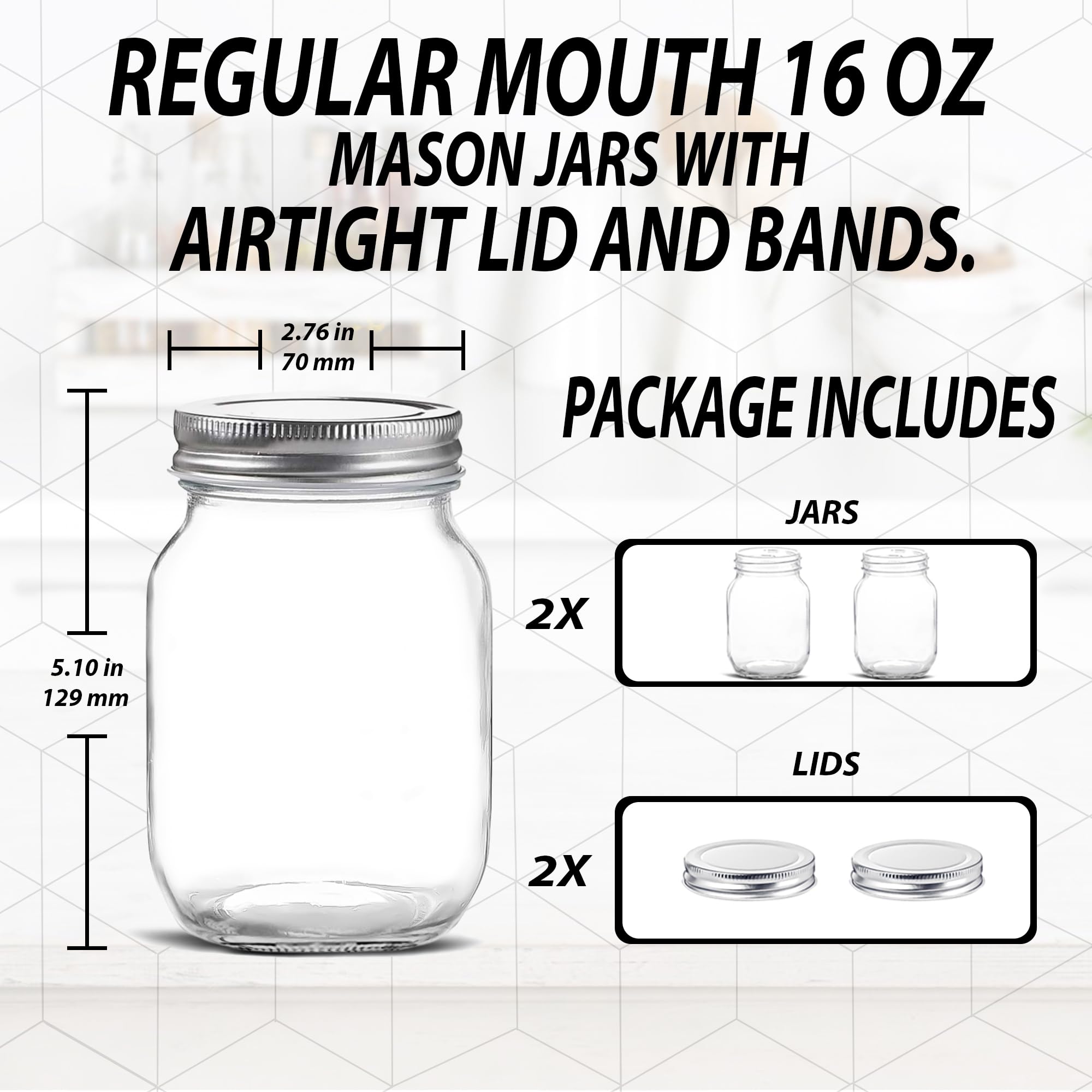 Glass Regular Mouth Mason Jars, 16 oz Clear Glass Jars with Silver Metal Lids for Sealing, Canning Jars for Food Storage, Overnight Oats, Dry Food, Snacks, Candies, DIY Projects (2 PACK)