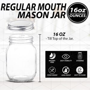 Glass Regular Mouth Mason Jars, 16 oz Clear Glass Jars with Silver Metal Lids for Sealing, Canning Jars for Food Storage, Overnight Oats, Dry Food, Snacks, Candies, DIY Projects (2 PACK)