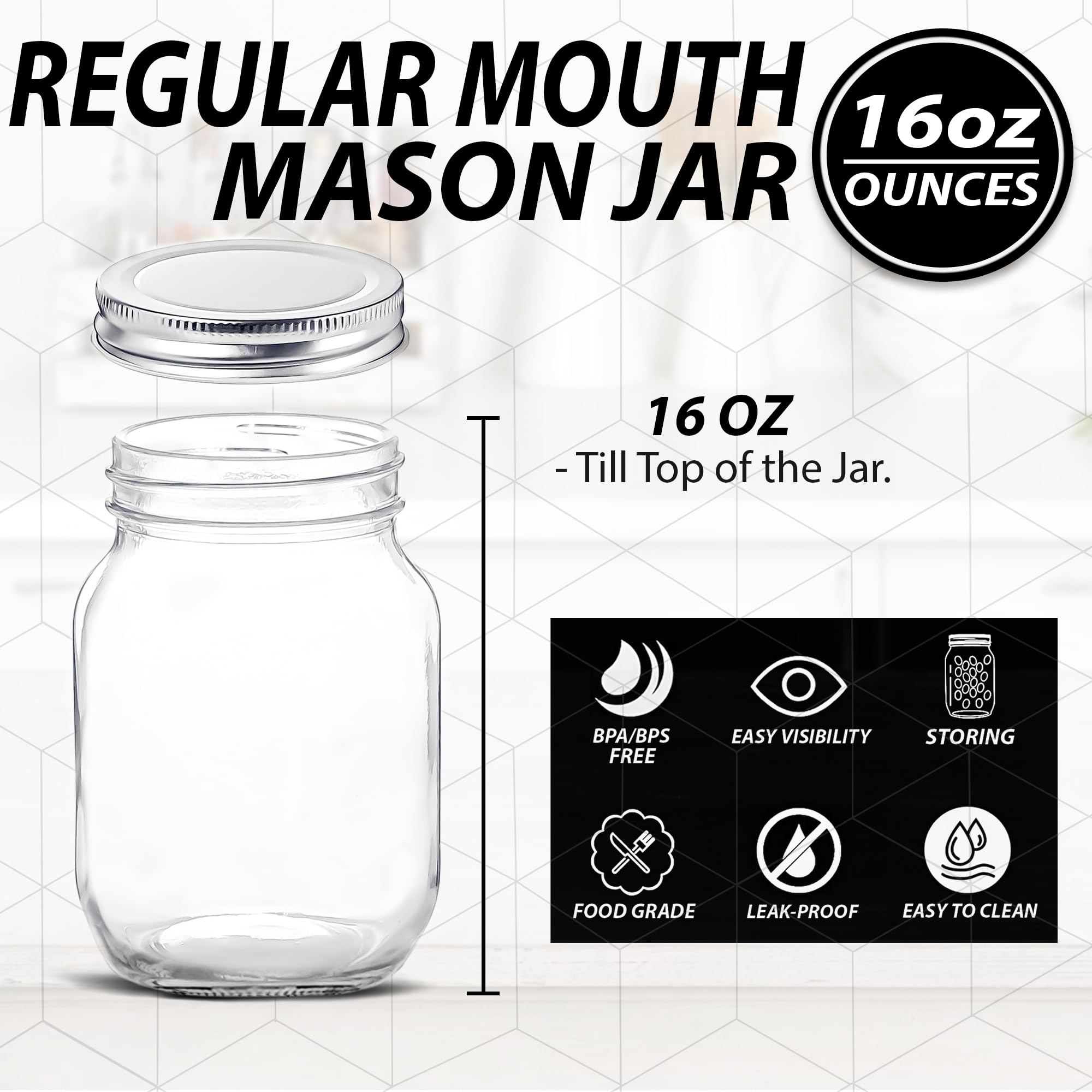 Glass Regular Mouth Mason Jars, 16 oz Clear Glass Jars with Silver Metal Lids for Sealing, Canning Jars for Food Storage, Overnight Oats, Dry Food, Snacks, Candies, DIY Projects (2 PACK)