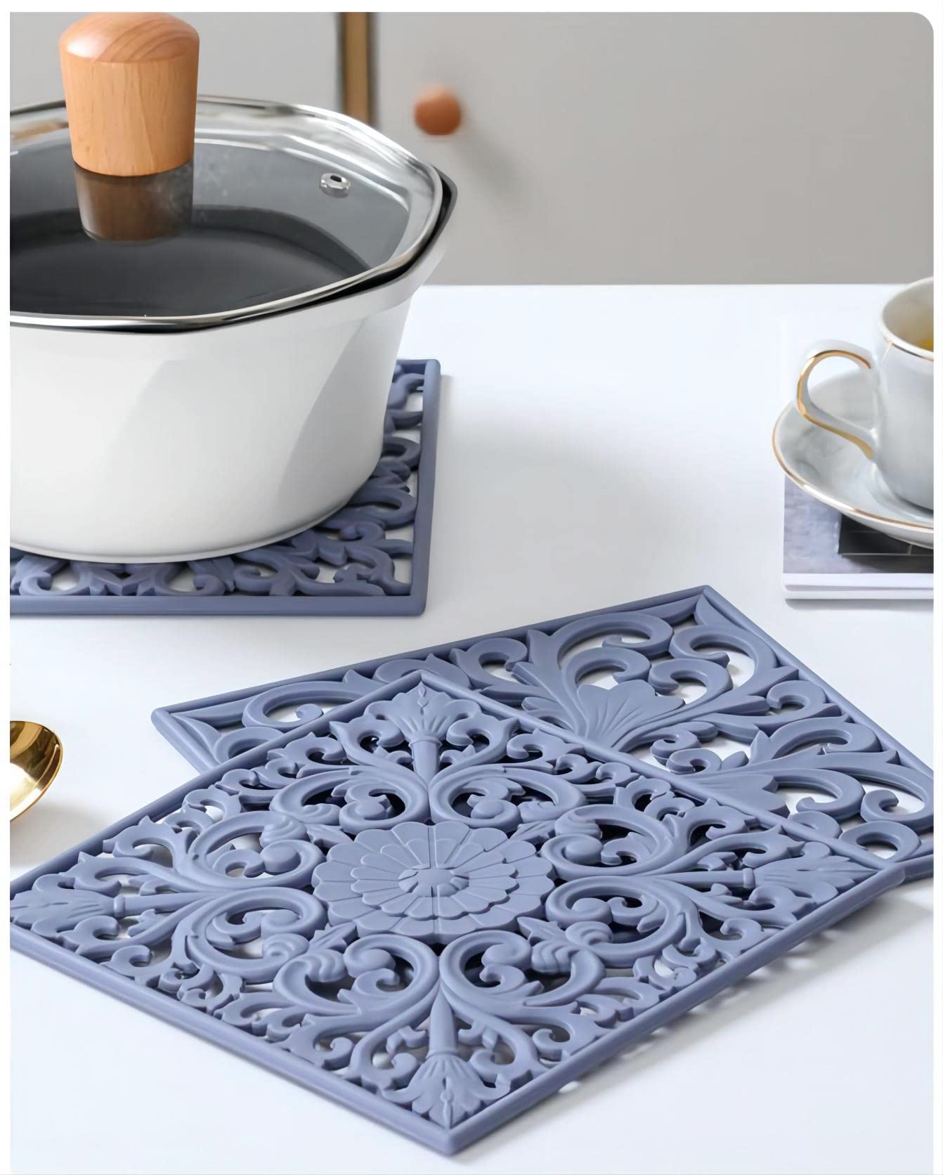 Kalsreui Silicone Trivets for Hot Dishes, Square Trivet Hot Pads for Kitchen Counter, Trivet Mat for Hot Pots and Pans, Heat Resistant Mat for Quartzs, Kitchen Tabletops Pot Holder Set 3 Navy Blue