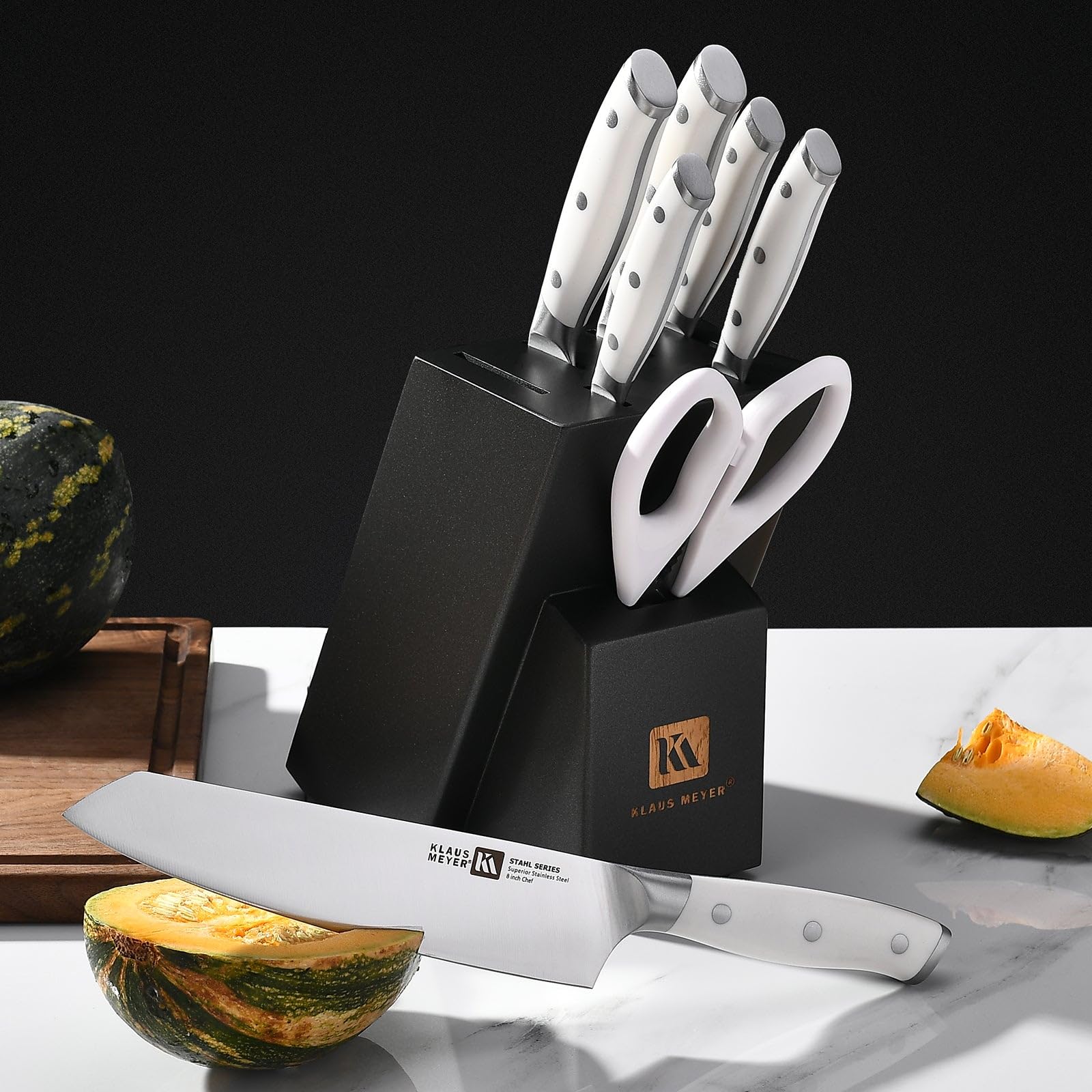 Klaus Meyer Stahl High Carbon Exclusive German Steel 8 Piece Knife Block Set (White)