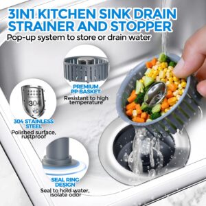 zaa 2 Pack 3in1 Kitchen Sink Drain Strainer and Sink Stopper, Stainless Steel Kitchen Drain Plug & Cover with Anti-Clogging Basket Strainer, Fit US Standard 3-1/2'' Drain Hole