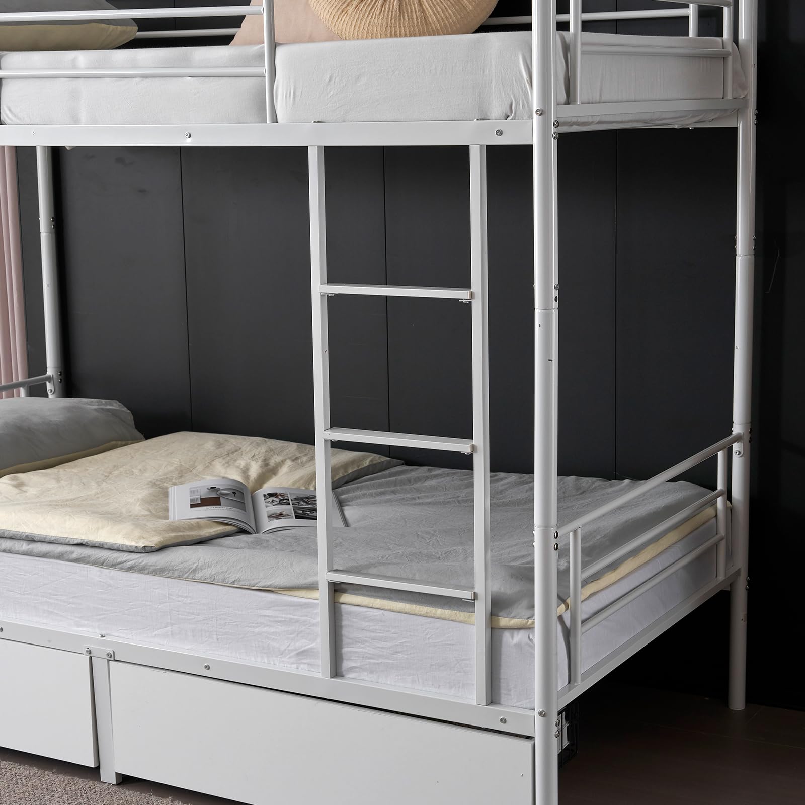 Imseigo Twin-Over-Twin Bunk Bed with Metal Frame and Ladder, Detachable Bunk BedFrame for Kids, Teens & Adults with Two Storage Drawers & Guardrail, No Box Spring Needed (White, 2 Drawers)