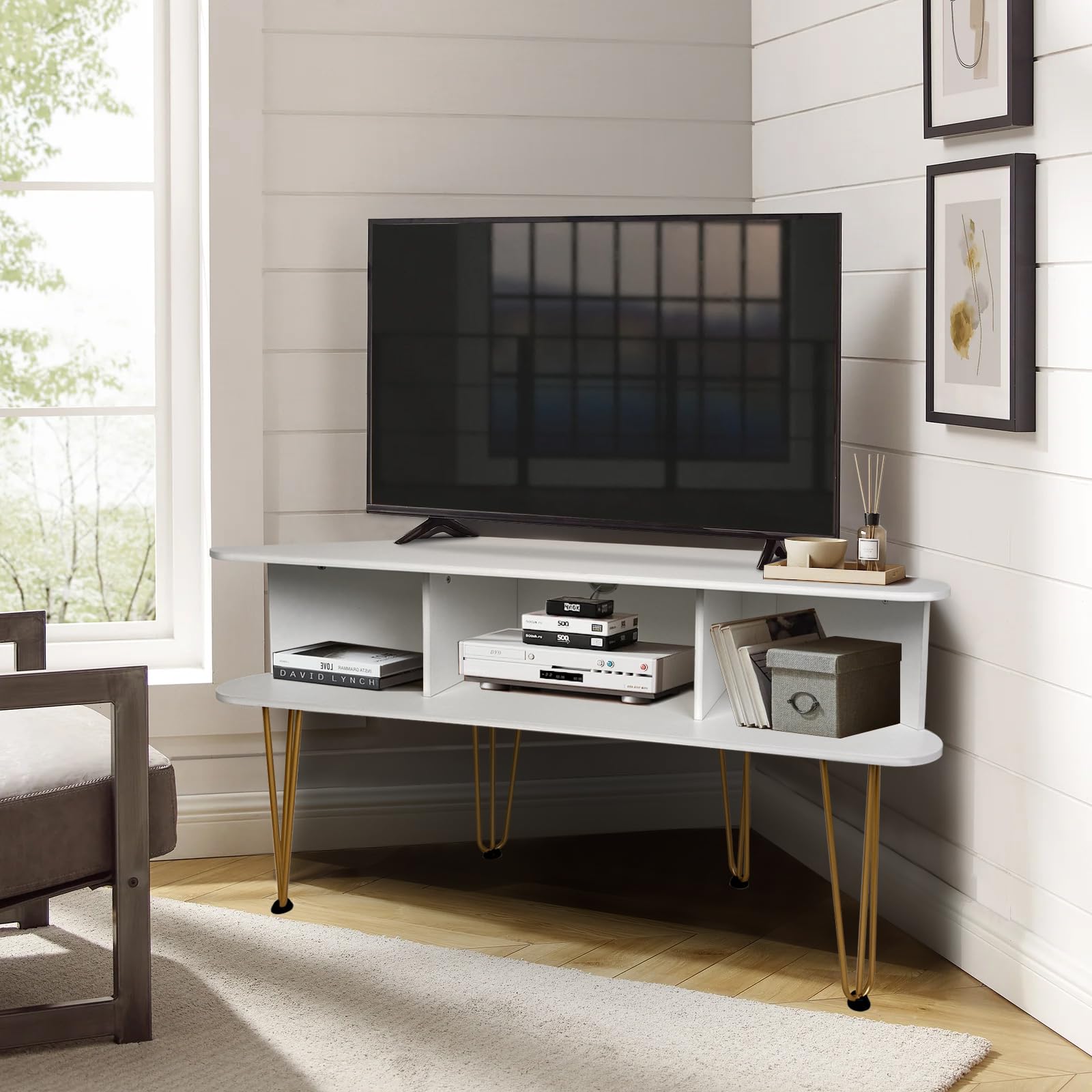 Corner TV Stand with 3 Open Divided Storage, Corner TV Console with Metal Feet and Anti-Slip Pads, Corner Entertainment Stand with Cable Hole, White