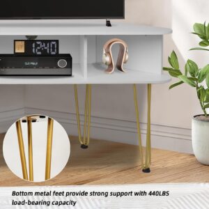 Corner TV Stand with 3 Open Divided Storage, Corner TV Console with Metal Feet and Anti-Slip Pads, Corner Entertainment Stand with Cable Hole, White