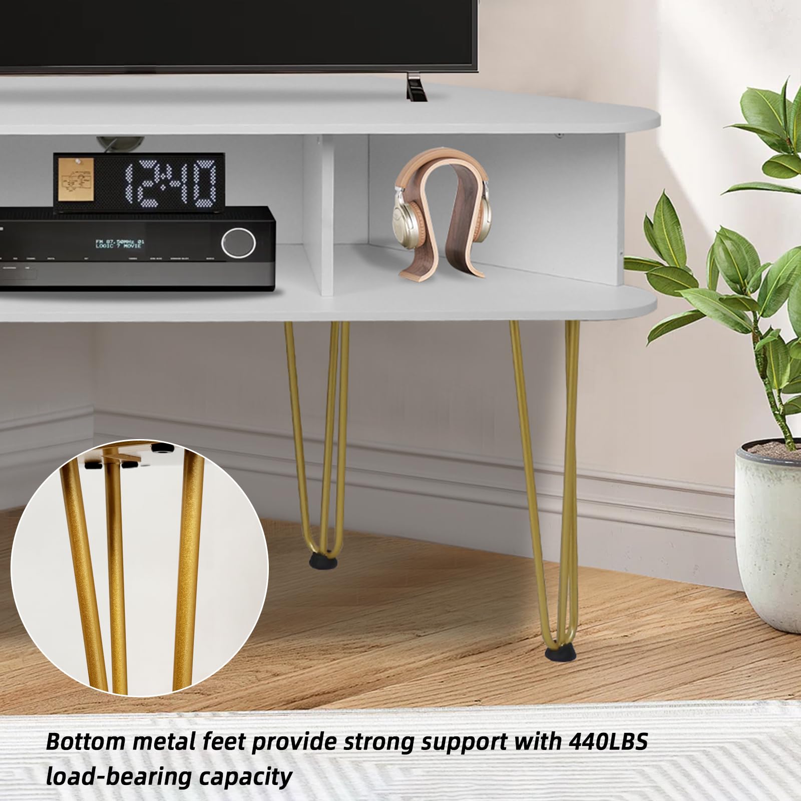 Corner TV Stand with 3 Open Divided Storage, Corner TV Console with Metal Feet and Anti-Slip Pads, Corner Entertainment Stand with Cable Hole, White