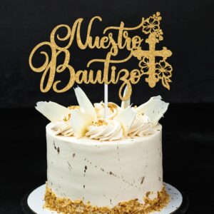 Nuestro Bautizo Cake Topper, Mi Primera Comunion, First Holy Communion, Bridal Shower/Wedding/Baptism/Christening Baby Shower Party Decorations, Gold Glitter