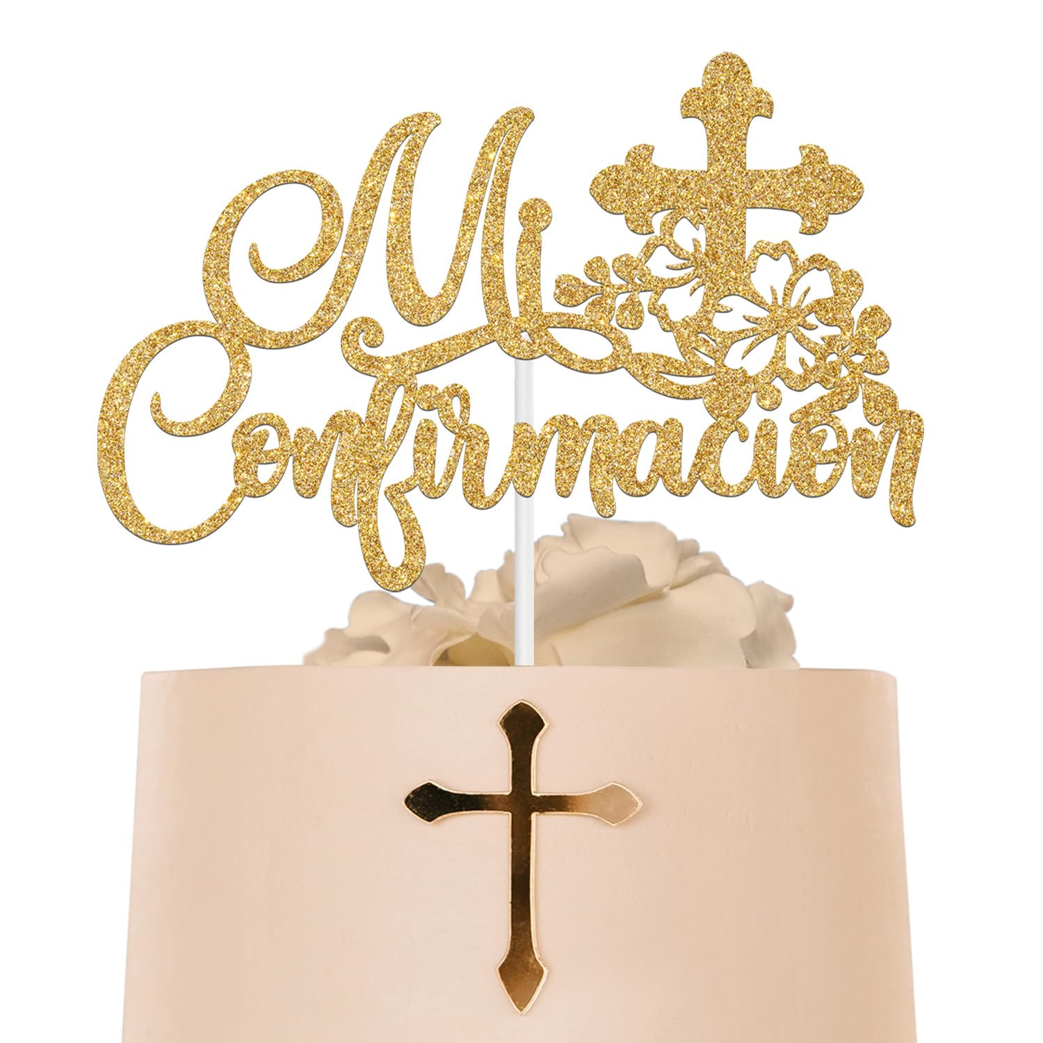 Mi Confirmacion Cake Topper, Mi Primera Comunion, First Holy Communion, Bridal Shower/Wedding/Baptism/Christening Baby Shower Party Decorations, Gold Glitter