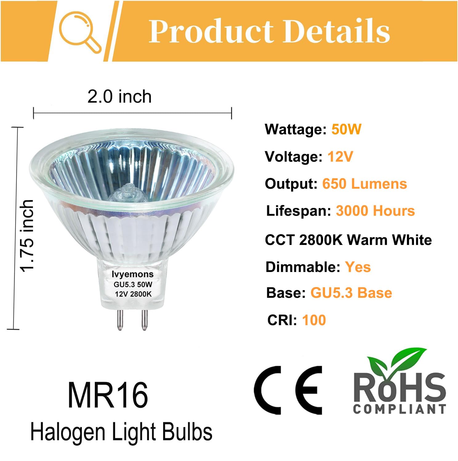 Ivyemons MR16 Halogen Bulb 50W 12V - 6 Pack MR16 Bulb 50W with GU5.3 Base, MR16 Dimmable Warm White 2800K, Long Lasting MR16 GU5.3 Halogen Bulb for Landscape, Track Lights, and Fiber Optics