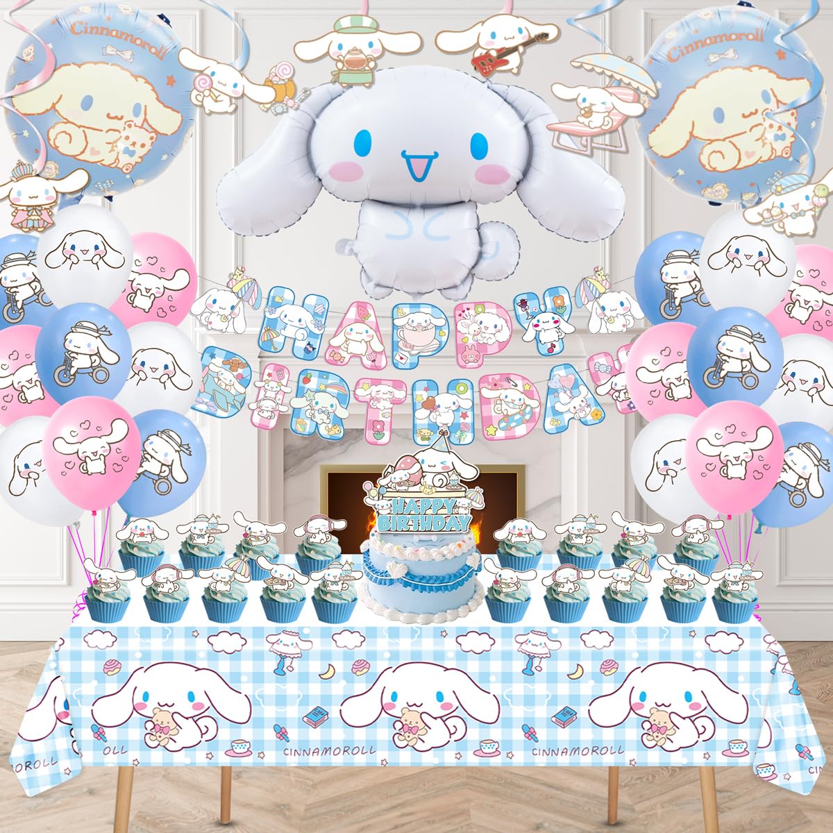 Cinnamoroll Birthday Decorations, 101PCS Party Supplies Set Include Banner, Balloons, Stickers, Hanging Swirls, Cake Cupcake Toppers, Tablecloth for Kids Cinnamoroll Theme Party