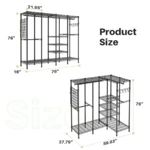 HOKEEPER Heavy Duty Clothes Rack Portable Closet Rack with Adjustable Shelves, Side Mesh Board and Hooks Freestanding Clothing Racks for Hanging Clothes Garment Racks Load 1500LBS 76"W*16"D*76"H Black