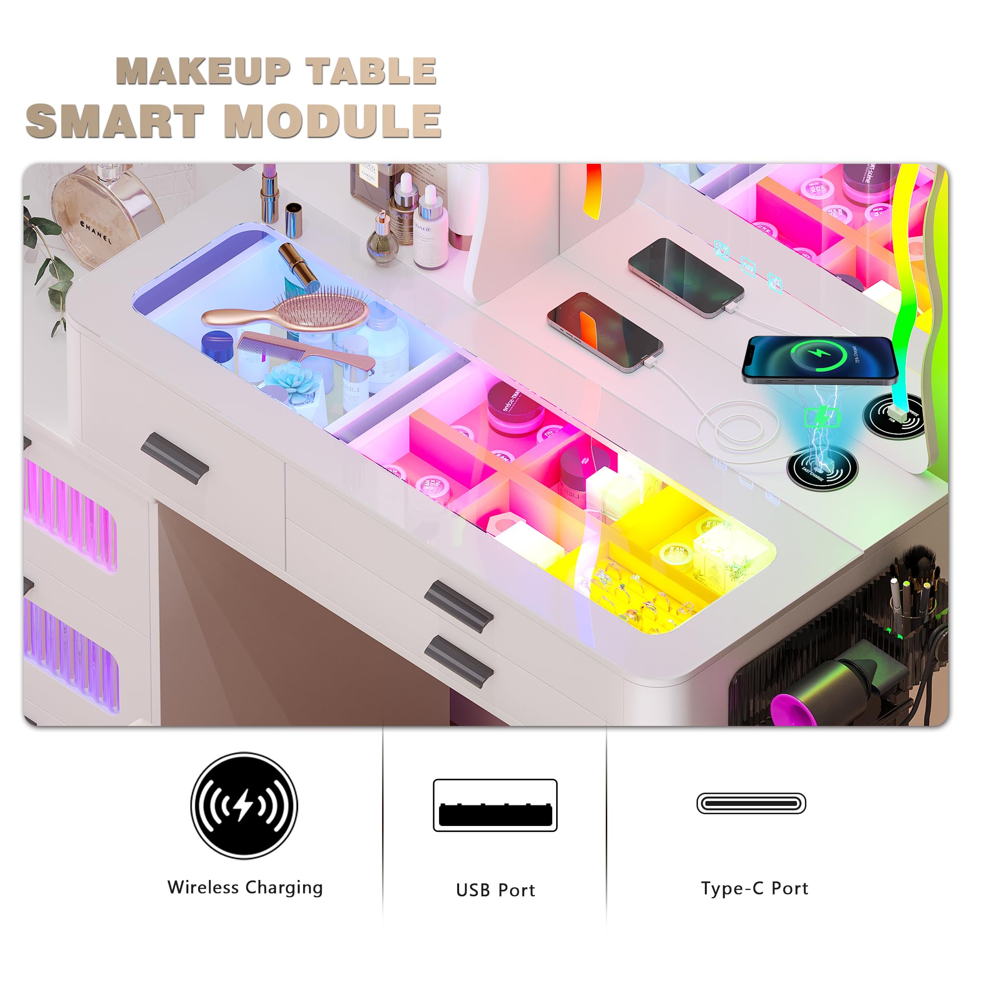 MDGC RGB Makeup Vanity Desk with Wireless Charging Station,7 Dynamic and 7 Static Dimmable Vanity Table with Glass Desktop,Vanity Mirror with Lights Desk&Chair,8 Drawers,Stool