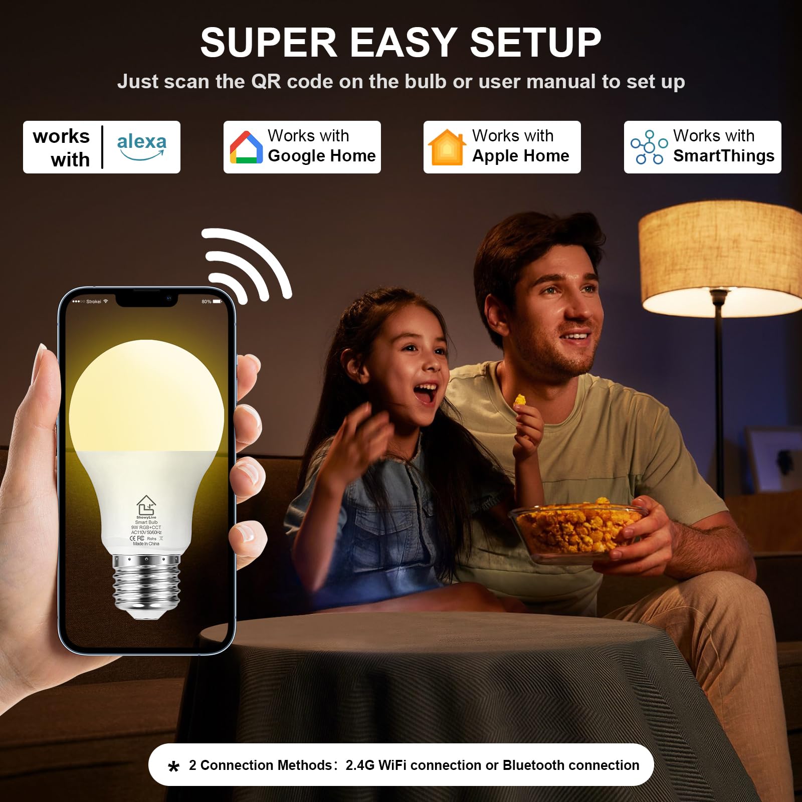 ShowyLive Smart Light Bulb 4 PK, WiFi & Bluetooth 5.0 Smart Bulbs That Work with Alexa & Google Assistant, A19 RGB, Music Sync, 9W 850LM CRI>80