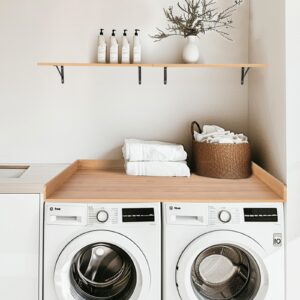 Display Riser Washer Dryer Countertop, Laundry Room Countertop with Storage Shelf, Wood Washer and Dryer Countertop, Burlywood