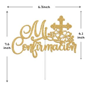 Mi Confirmacion Cake Topper, Mi Primera Comunion, First Holy Communion, Bridal Shower/Wedding/Baptism/Christening Baby Shower Party Decorations, Gold Glitter